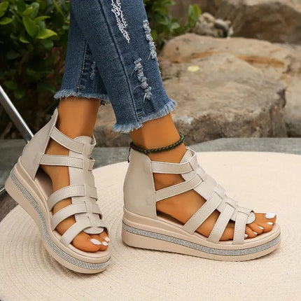 Women's Open-Toe Gladiator Flatform Sandals with Rhinestone Midsole Trim