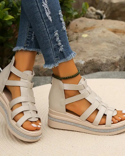 Women's Open-Toe Gladiator Flatform Sandals with Rhinestone Midsole Trim