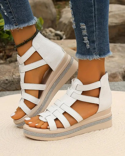 Women's Open-Toe Gladiator Flatform Sandals with Rhinestone Midsole Trim