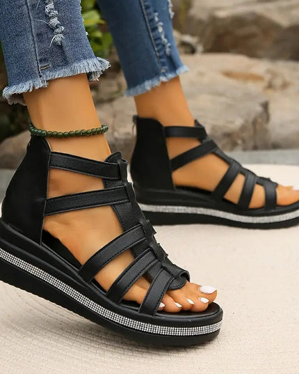 Women's Open-Toe Gladiator Flatform Sandals with Rhinestone Midsole Trim