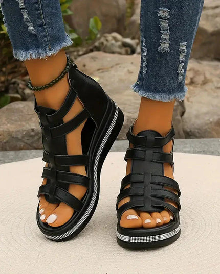 Women's Open-Toe Gladiator Flatform Sandals with Rhinestone Midsole Trim