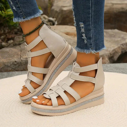 Women's Open-Toe Gladiator Flatform Sandals with Rhinestone Midsole Trim