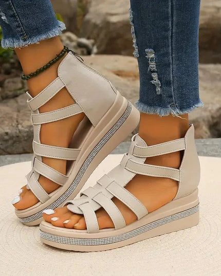 Women's Open-Toe Gladiator Flatform Sandals with Rhinestone Midsole Trim