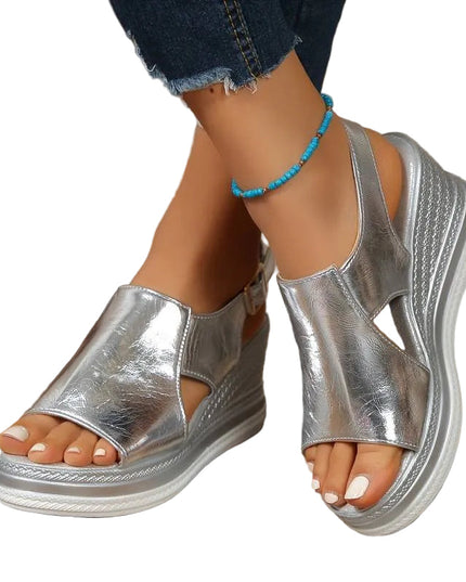 Women's Open-Toe Metallic Wedge Sandals with Cross-Strap and Cutout Detail
