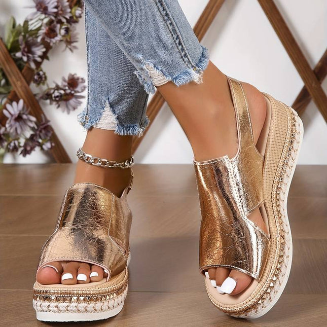 Women's Open-Toe Metallic Wedge Sandals with Cross-Strap and Cutout Detail