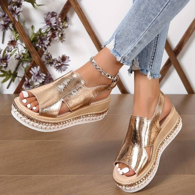 Women's Open-Toe Metallic Wedge Sandals with Cross-Strap and Cutout Detail