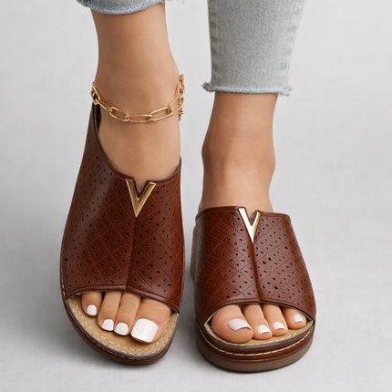 Women's Open Toe Perforated Upper Slip-On Flat Sandal