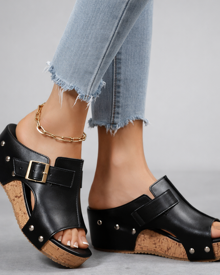 Women's Open Toe Platform Slide Sandal with Buckle Strap