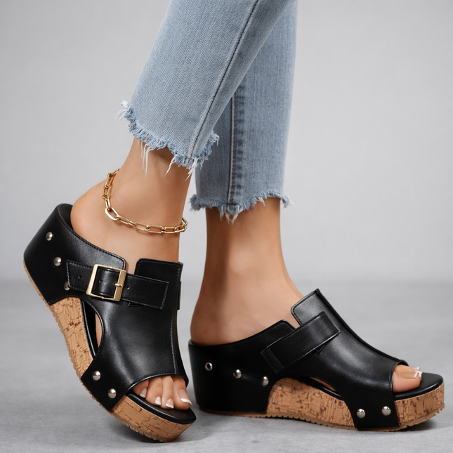 Women's Open Toe Platform Slide Sandal with Buckle Strap