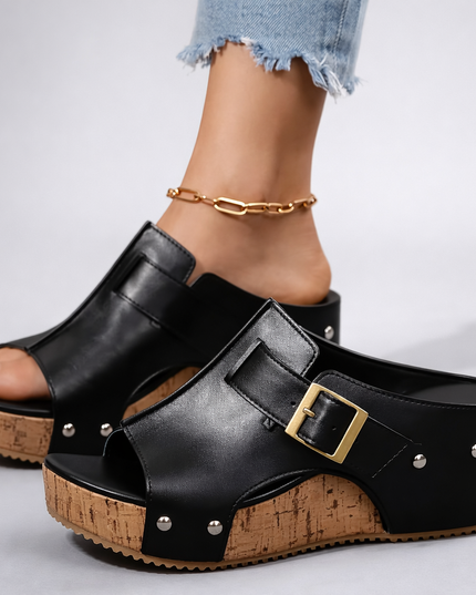 Women's Open Toe Platform Slide Sandal with Buckle Strap