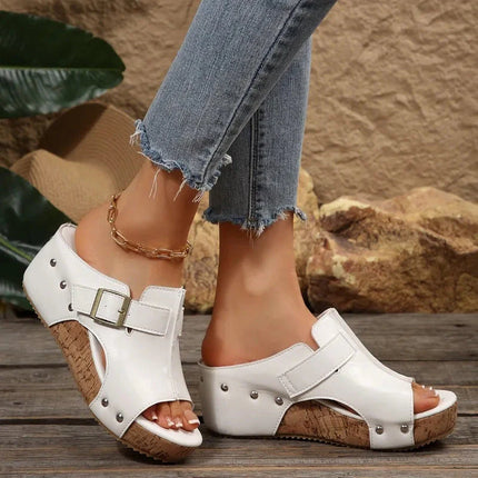 Women's Open Toe Platform Slide Sandal with Buckle Strap