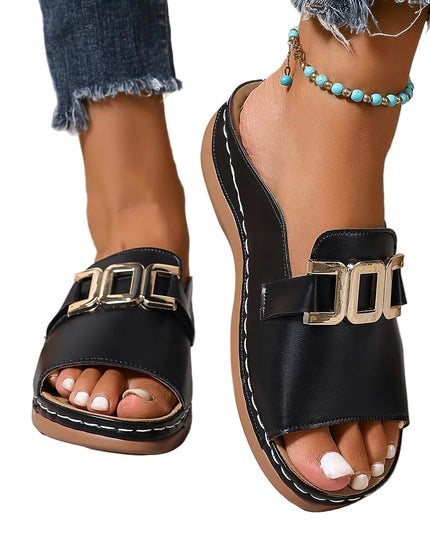 Women's Open-Toe Slide Sandals with Double-Square Buckle Strap