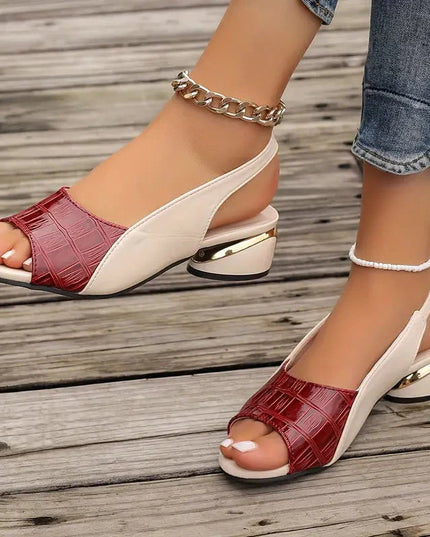 Women's Open-Toe Slingback Low Wedge Heels with Croc-Embossed Vamp Strap