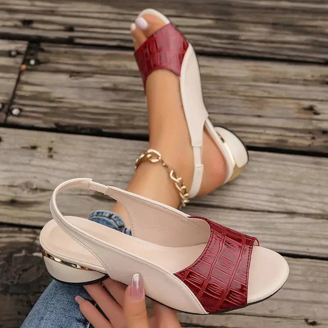 Women's Open-Toe Slingback Low Wedge Heels with Croc-Embossed Vamp Strap